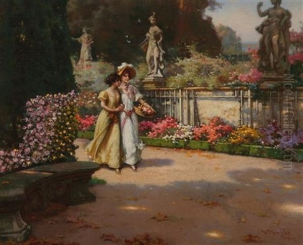 Stroll In A Flower-filled Garden Oil Painting by Wilhelm Menzler