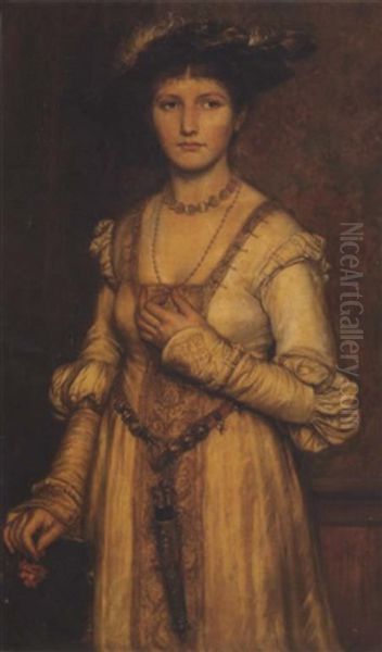 Portrait Of A Lady In A Period Costume Holding A Rose Oil Painting by Wilhelm Menzler