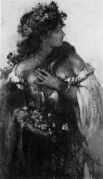 Portrat Einer Jungen Frau Mit Blutenkranz Und Blumenstraus Oil Painting by Wilhelm Menzler