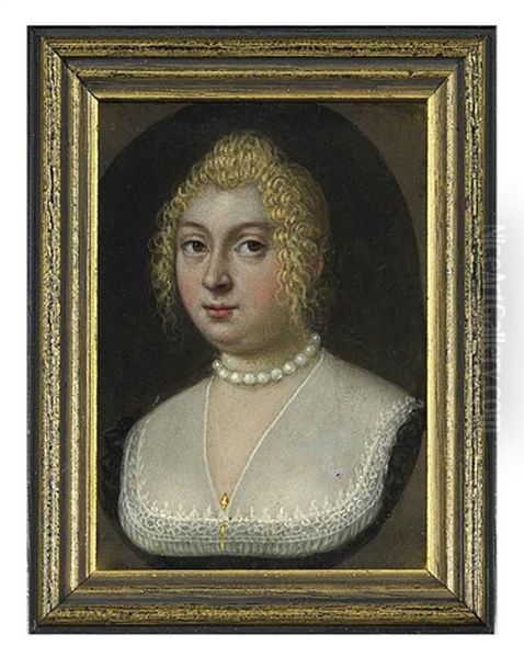 A Young Lady In Lace-bordered Decollete Black Dress With White Gauze Fichu Secured With A Gold Pin, Wearing A Pearl Necklace, Fair Curling Hair Oil Painting by Pietro Mera