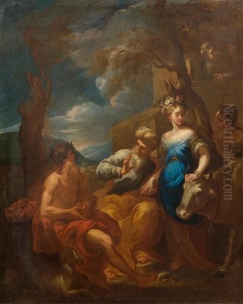 Labano Promises His Daughter Rachel To Jacob (genesis 29 15 - 30) Oil Painting by Giovanni Battista Merano