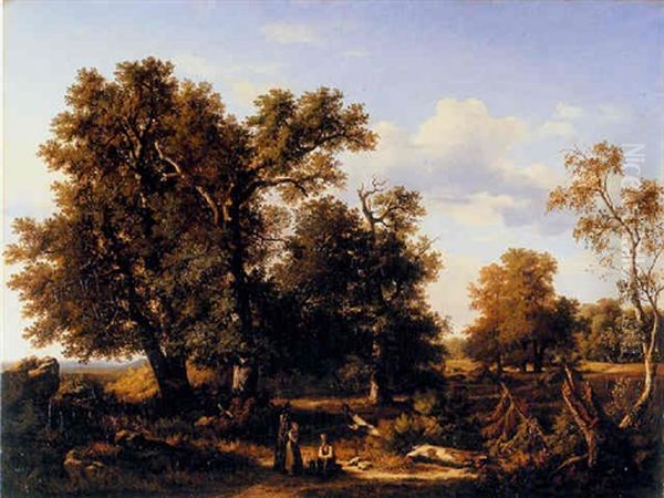 Figures Before Woodland In An Extensive Landscape Oil Painting by Frederic Bourgeois de, Baron Mercey