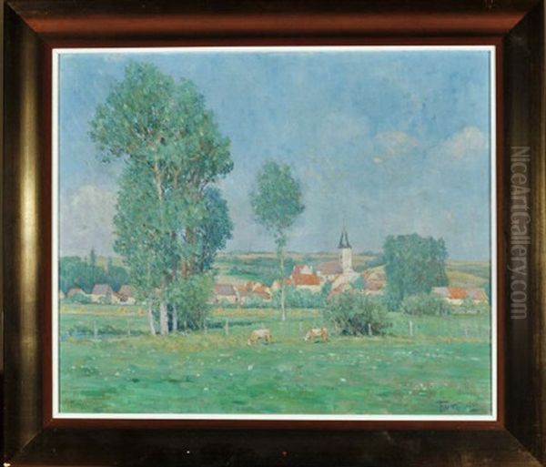 A French Provincial Landscape With A Village And Its Church In The Middle Distance Oil Painting by Fernand Antonin Mercie