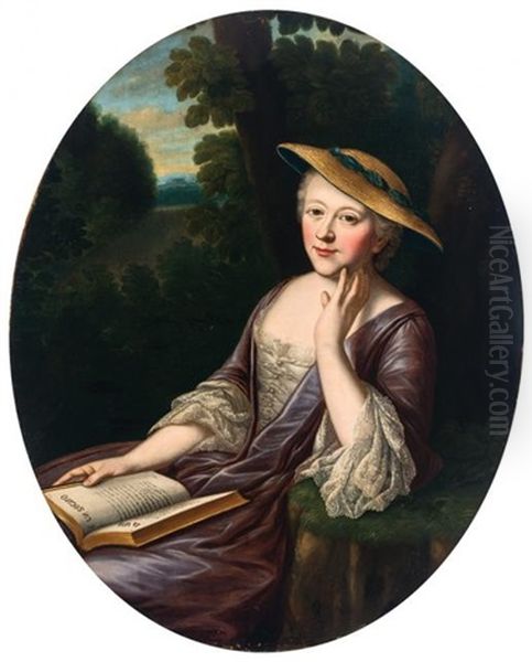 A Lady Seated In A Landscape, Holding A Book Oil Painting by Philip Mercier