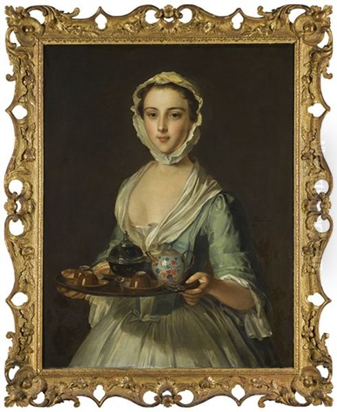 A Young Woman Carrying A Tea Tray, Possibly Hannah, The Artist's Maid Oil Painting by Philip Mercier