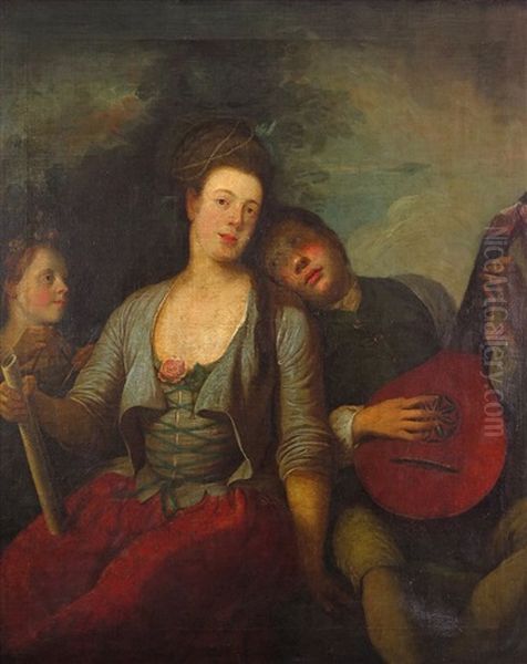 Portrait Of A Lady With A Boy Playing A Lute And A Girl Playing The Triangle Oil Painting by Philip Mercier