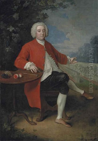 Portrait Of Ralph Crathorne Of Ness Hall, North Riding, Yorkshire, Seated At A Table In A Landscape Oil Painting by Philip Mercier