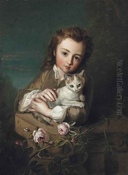 A Young Boy Holding A Kitten, In A Rose Garden Oil Painting by Philip Mercier