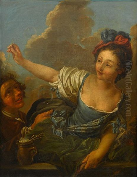 Lady Blowing Bubbles With Attendant Oil Painting by Philip Mercier