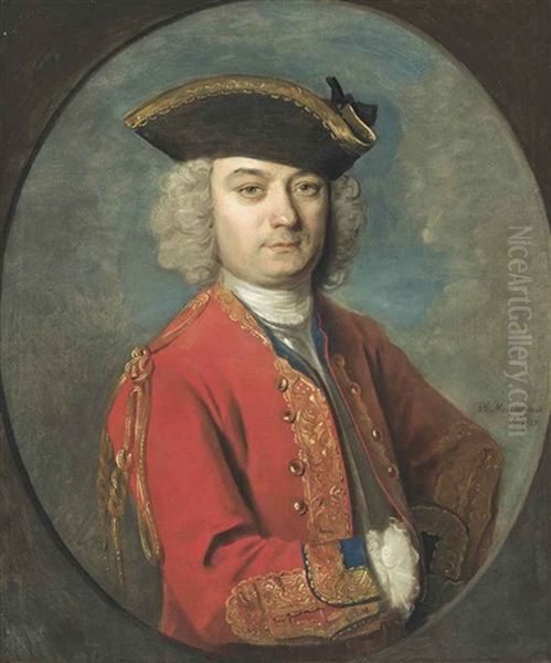 Portrait Of Louis De Jean (d.1764), Half-length, In A Red, Gold-embroidered Uniform And Tricorn Hat, In A Feigned Oval Oil Painting by Philip Mercier