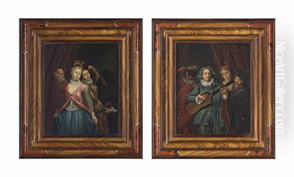 Figures Of The Commedia Dell'arte; Figures Of The Commedia Dell'arte (pair) Oil Painting by Philip Mercier