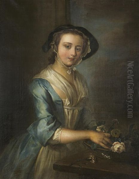 A Young Woman Arranging Flowers (allegory Of Smell) Oil Painting by Philip Mercier