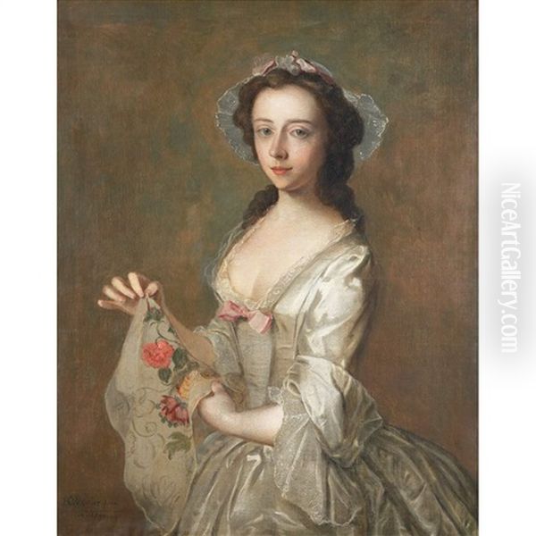 Lady Holding A Flowered Scarf Oil Painting by Philip Mercier