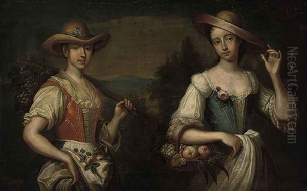 Portrait Of Two Ladies As Shepherdesses In A Landscape Oil Painting by Philip Mercier