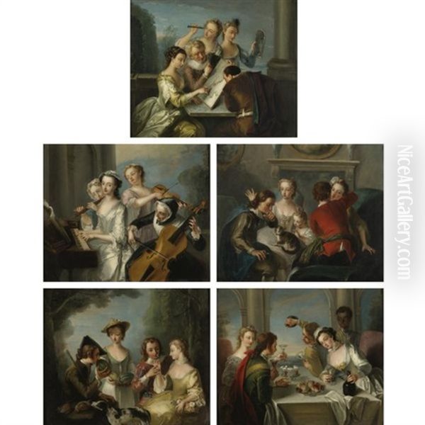 Allegories Of The Five Senses, Hearing, Smell, Sight, Taste And Touch (set Of 5) Oil Painting by Philip Mercier