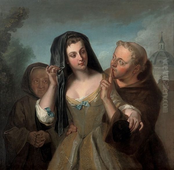 The Secret - A Young Woman, Accompanied By Her Duenna, With A Monk Oil Painting by Philip Mercier