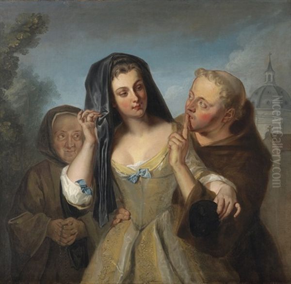 The Secret: A Young Woman, Accompanied By Her Duenna, With A Monk Oil Painting by Philip Mercier