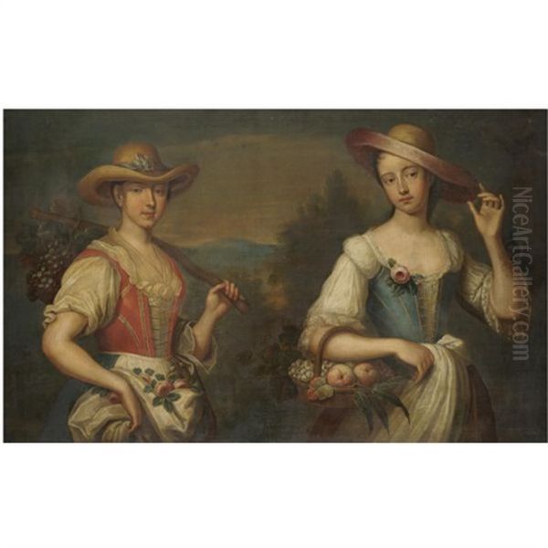 Two Girls Carrying Fruit Oil Painting by Philip Mercier