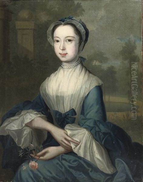 Portrait Of A Lady In A Blue Dress Holding Flowers, A Park Landscape With A Pond Beyond Oil Painting by Philip Mercier