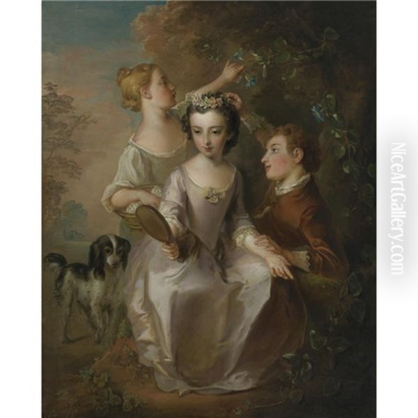 Portrait Of Three Children In A Landscape Oil Painting by Philip Mercier