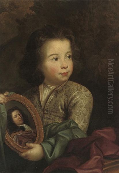 Portrait Of A Young Boy In A Grey Silk Embroidered Coat And Blue Wrap Oil Painting by Philip Mercier