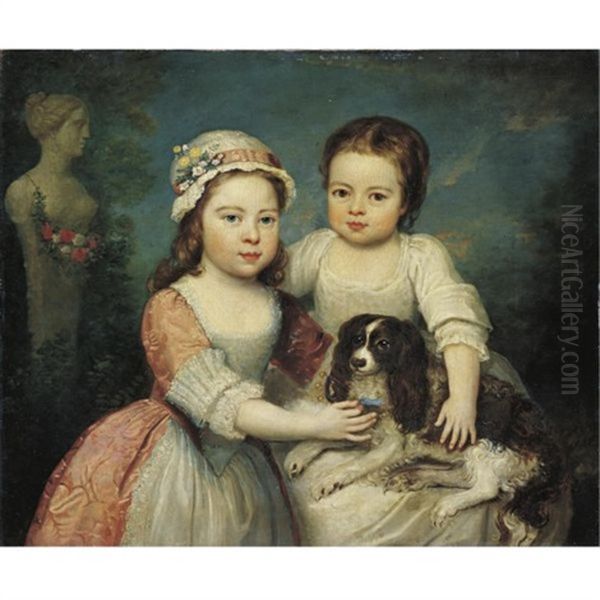 Portrait Of Two Young Girls With A Dog Oil Painting by Philip Mercier