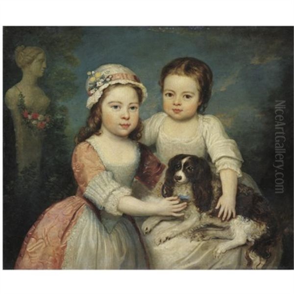 Portrait Of Two Young Girls With A Dog Oil Painting by Philip Mercier