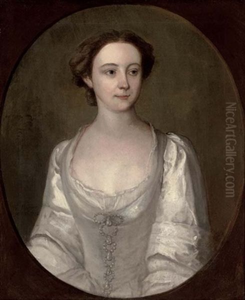 Portrait Of A Lady In An Oyster Satin Dress With Pearls Oil Painting by Philip Mercier