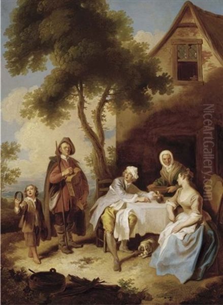 Minstrels Performing For A Couple At A Table Outside An Inn Oil Painting by Philip Mercier