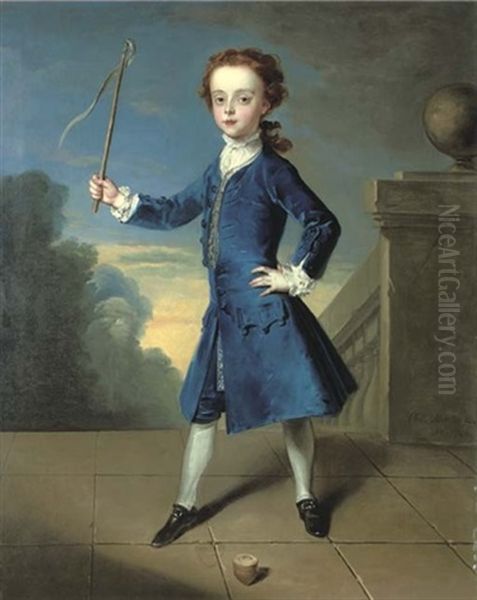 Portrait Of A Boy In A Blue Coat, With A Spinning Top, On A Terrace Oil Painting by Philip Mercier