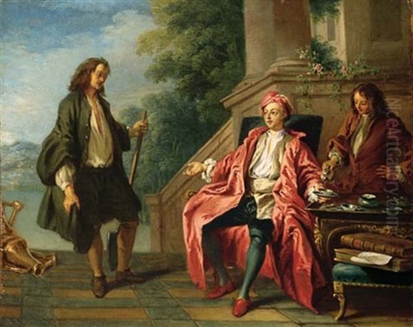 A Gentleman Taking Tea On A Terrace And Conversing With A Gardener Oil Painting by Philip Mercier