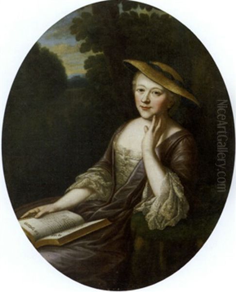 Portrait Of A Young Woman In A Landscape, Holding A Book With The Italian Inscription: La Vita E Un Sogno Oil Painting by Philip Mercier