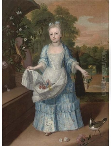 Portrait Of A Young Girl In A Blue Dress, Holding An Apron Containing Flowers, And A Sprig Of Narcissi In Her Left Hand, A Country House Beyond Oil Painting by Philip Mercier