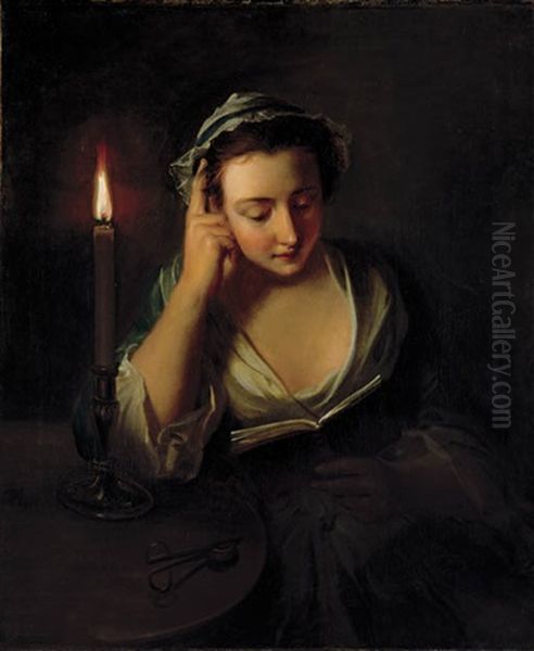 A Young Girl Reading By Candlelight Oil Painting by Philip Mercier