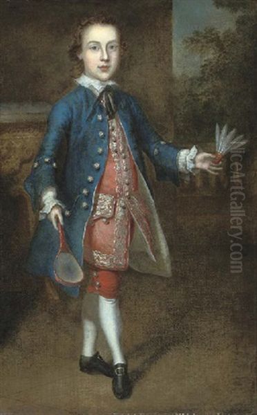 Portrait Of A Young Boy, Full-length, In A Blue Coat And Red Waistcoat And Breeches, Holding A Battledore Racket In His Right Hand And A Shuttlecock In His Left Oil Painting by Philip Mercier