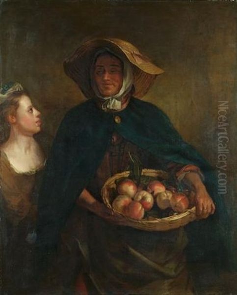 An Elderly Lady Holding A Basket Of Peaches With A Young Girl Looking On Oil Painting by Philip Mercier