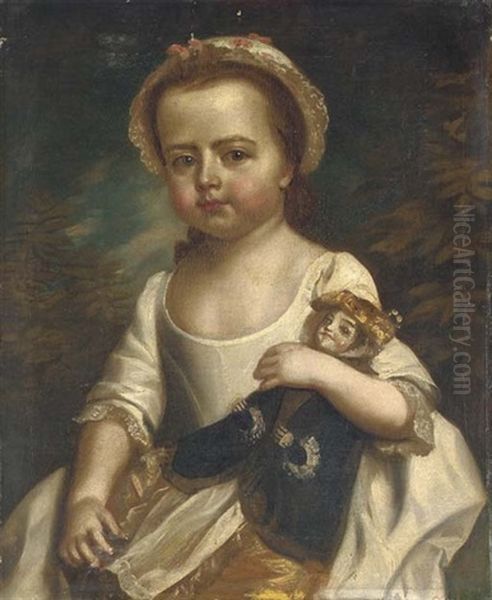 Portrait Of A Young Girl In A White Dress And Lace Cap, Holding A Doll Oil Painting by Philip Mercier