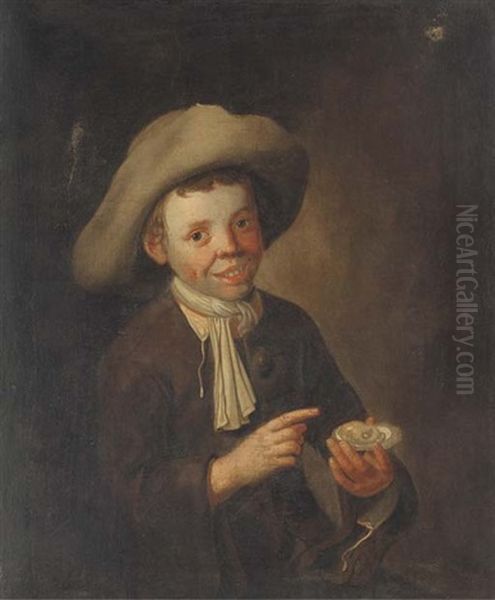 A Young Boy Holding An Oyster Oil Painting by Philip Mercier