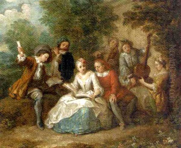 Elegant Company Playing Music In A Garden Oil Painting by Philip Mercier