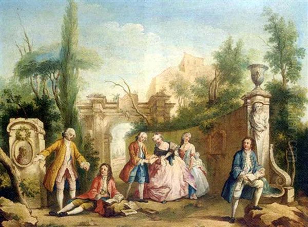 Elegant Company In A Park With Classical Ruins Oil Painting by Philip Mercier