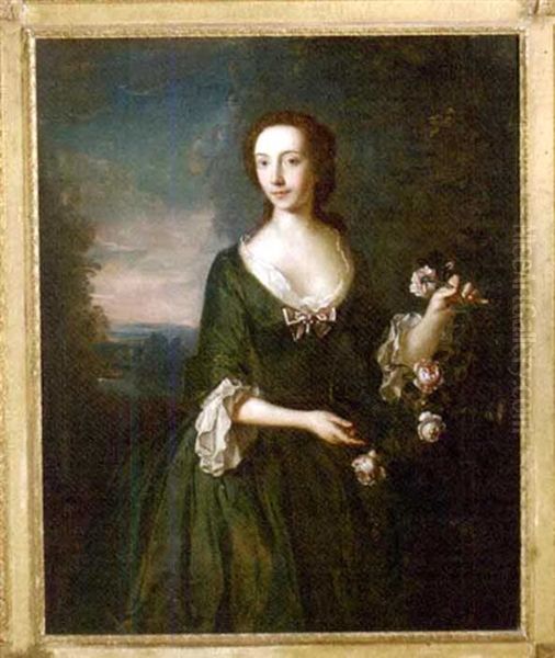 Portrait Of Mrs. Hamilton Gordon Of Newhailes In A Green Dress With White Fichu, In A Landscape Oil Painting by Philip Mercier