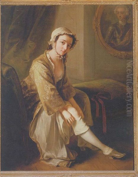 A Young Woman In A Fawn Dress, Seated On A Chaise Longue In An Interior, Removing Her Right Stocking, An Oval Portrait Of A Gentleman (the Young Pretender?) On The Wall Beyond Oil Painting by Philip Mercier