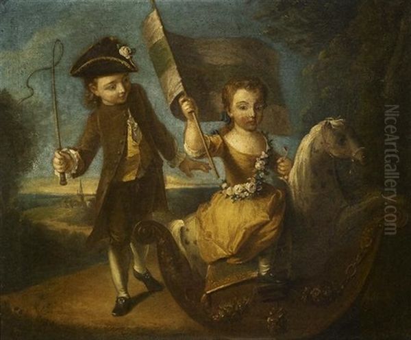 Double Portrait Of A Girl And A Boy, He In A Green Suit, She In A Yellow Dress, On A Rocking Horse, Holding A Flag Oil Painting by Philip Mercier