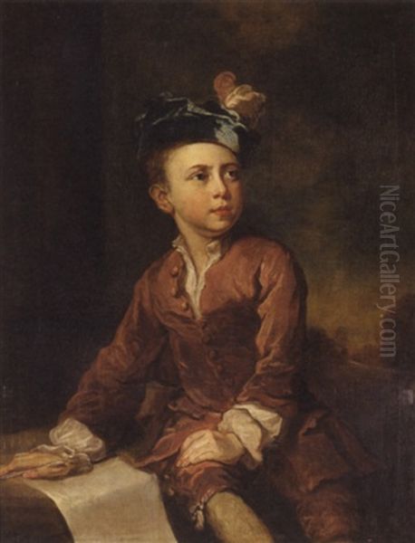 Portrait Of A Young Man In A Red Suit And Blue Cap, Seated By A Column In A Wooded Landscape Oil Painting by Philip Mercier