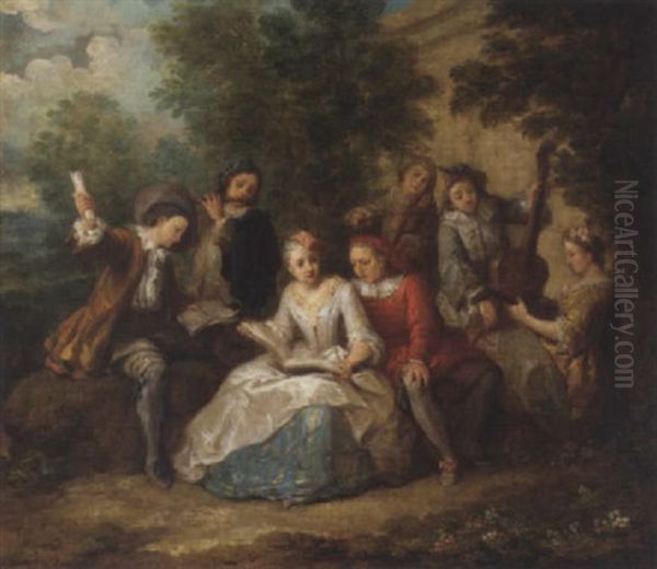 Elegant Company Playing Music In A Garden Oil Painting by Philip Mercier