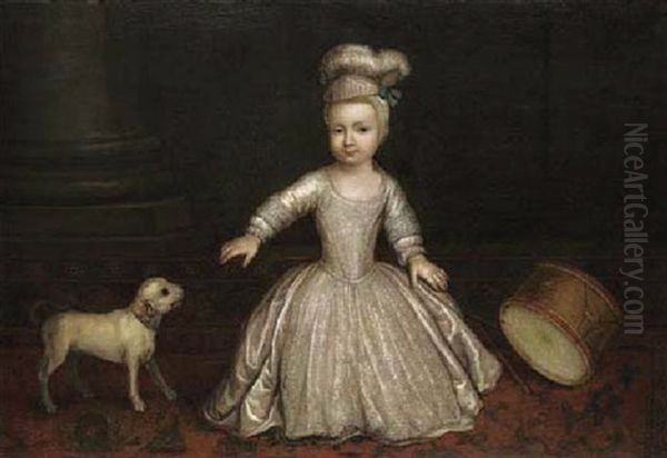 Portrait Of A Young Child In A White Dress With A Dog And Drum Beside A Column, In An Interior Oil Painting by Philip Mercier