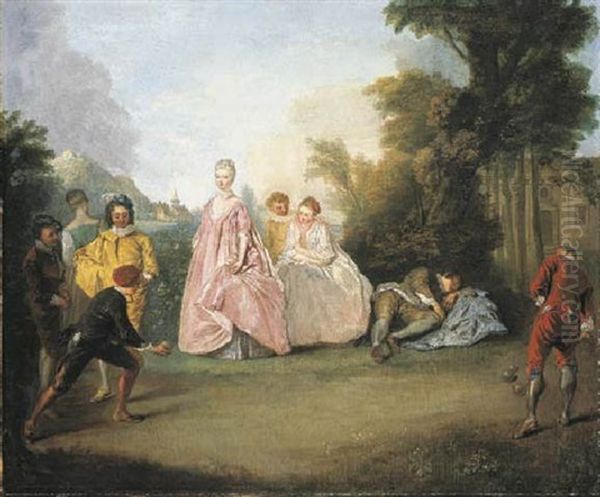 A Wooded Landscape With Elegant Company Playing Bowls, A Country House Beyond Oil Painting by Philip Mercier