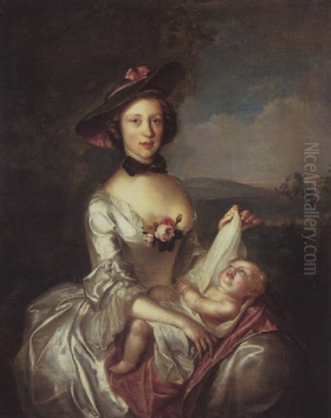 Portrait Of A Lady (elizabeth, Wife Of Robert Boyd Of Castle Law?), Seated In A Landscape, Holding A Baby by Philip Mercier