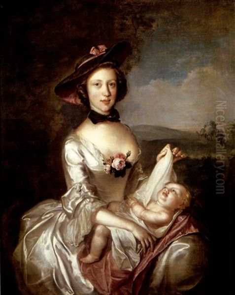 Portrait Of A Lady (elizabeth, Wife Of Robert Boyd Of Castle Law?) Seated In A Landscape, Holding A Baby, Wearing A White Satin Dress Oil Painting by Philip Mercier