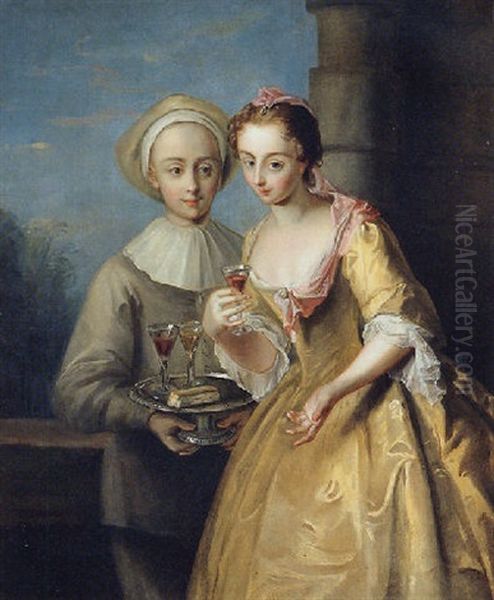 An Allegory Of Taste: A Young Woman Taking A Glass Of Wine From A Tazza Held By A Young Man Dressed As Pierrot Oil Painting by Philip Mercier